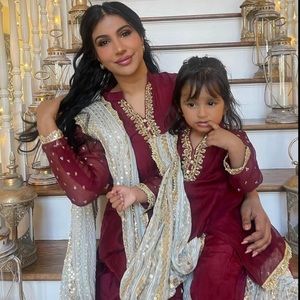 Pakistani Mommy and Me Ruby Red Eid Ramadan Outfit Shakwar Kameez